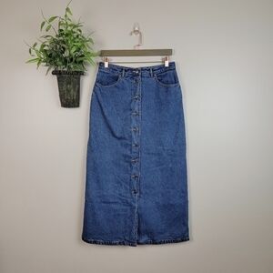 Vintage Eddie Bauer Flannel Lined Jean Skirt Long Denim Button Down Plaid Y2K 2